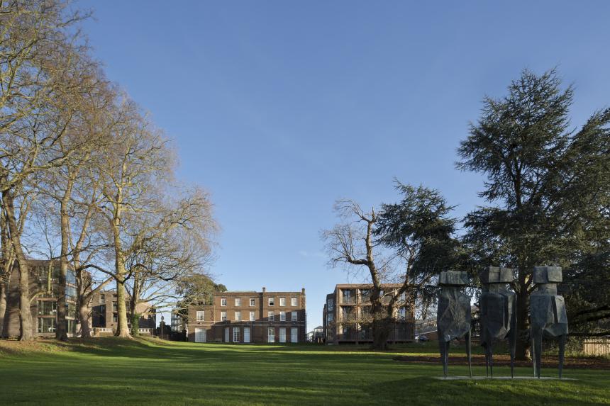 Chadwick Hall Roehampton, London 2012–2016. Downshire House's garden elevation and South Court seen from west. Lynn Chadwick's The Watchers has been reinstated in the grounds.